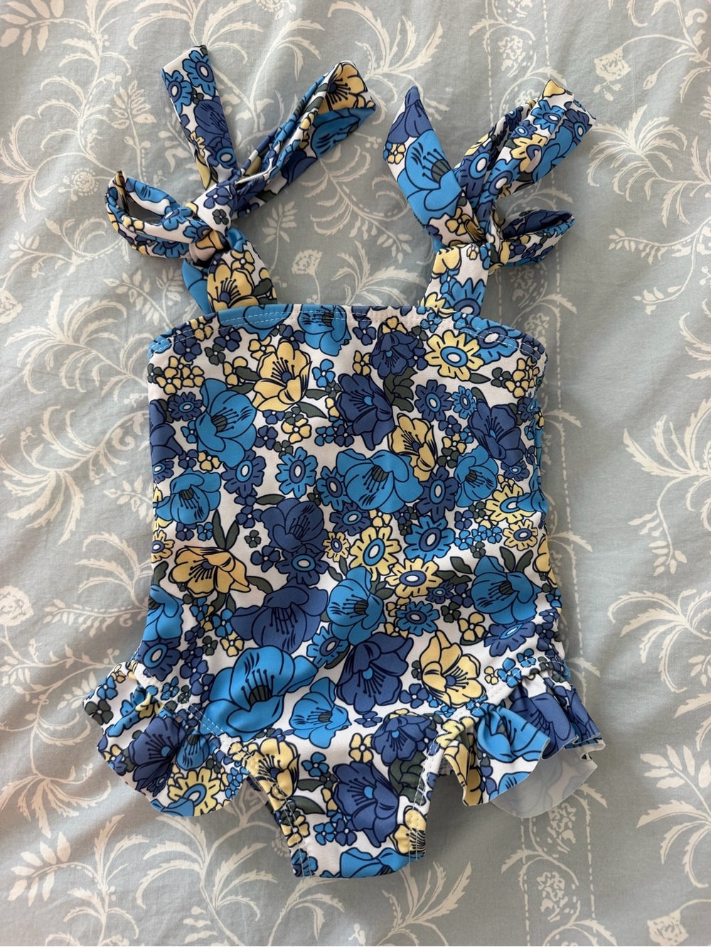Blue Floral Tie-Shoulder Kids One-Piece Swimsuit